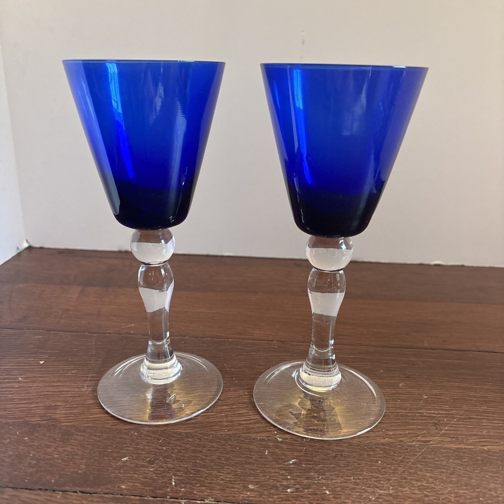 Vintage Hand Blown Cobalt Blue With Clear Stem Water Wine Glass Set Of 2
